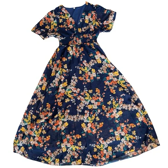 NWOT Floral Navy Maxi Dress with Smocked Waist Medium - Picture 8 of 11